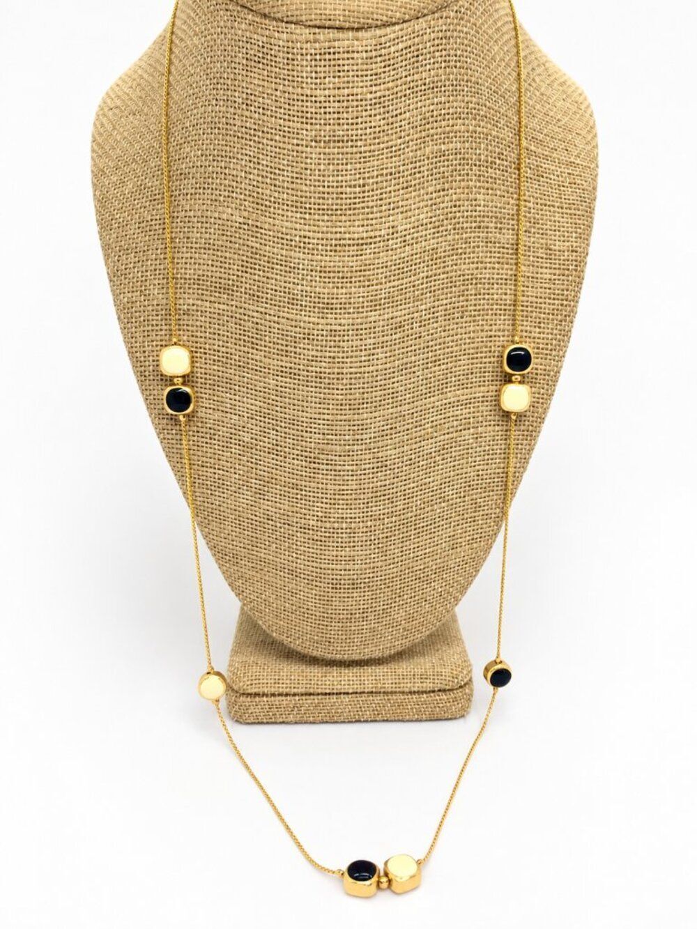 Monet Necklace Black Cream Enamel Station Gold Tone Long Chain Minimalist 34"